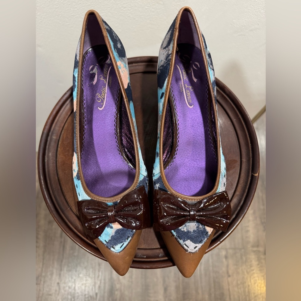 Poetic Licence Dear Diary kitten heels 8.5 pink/blue brown toe heel bow classic